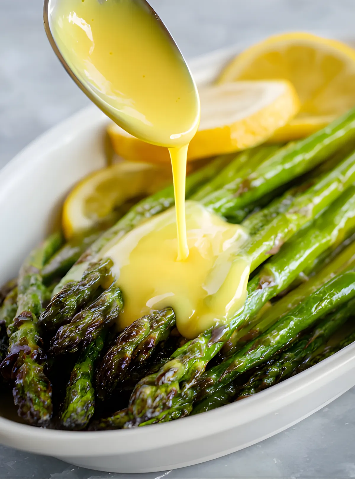 Pouring hollandaise asparagus
