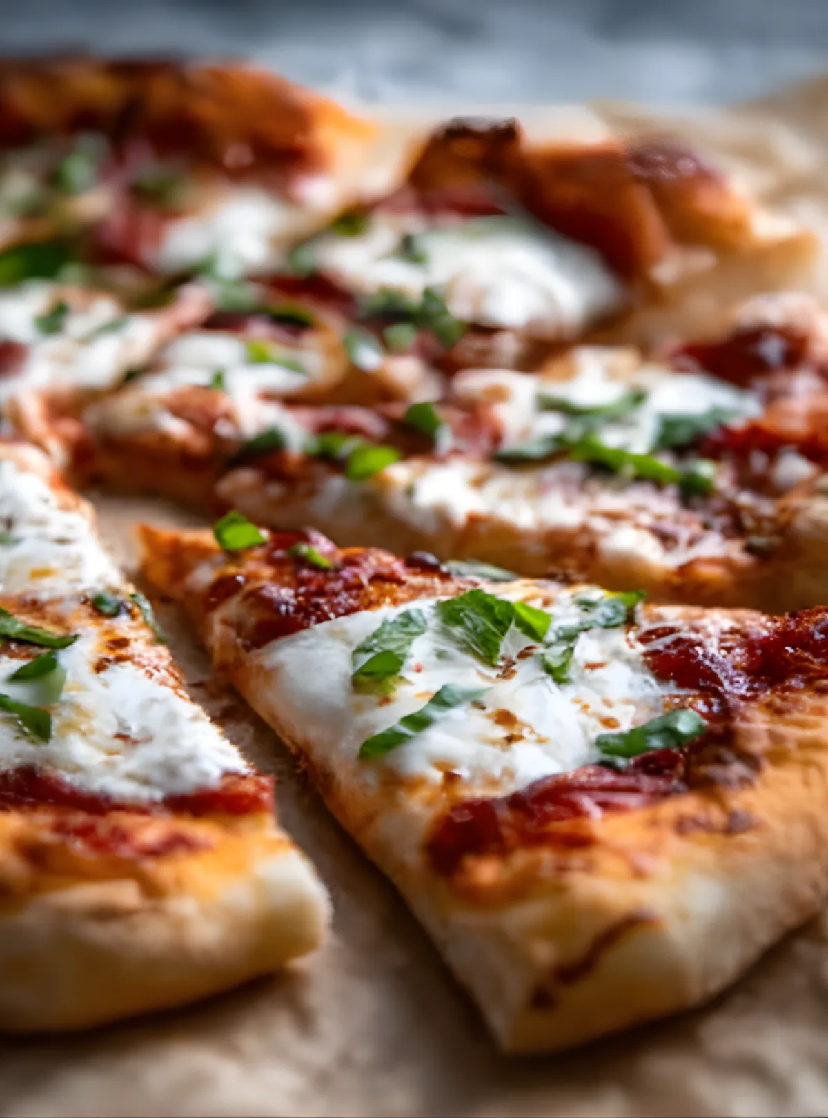 close up margherita pizza slices
