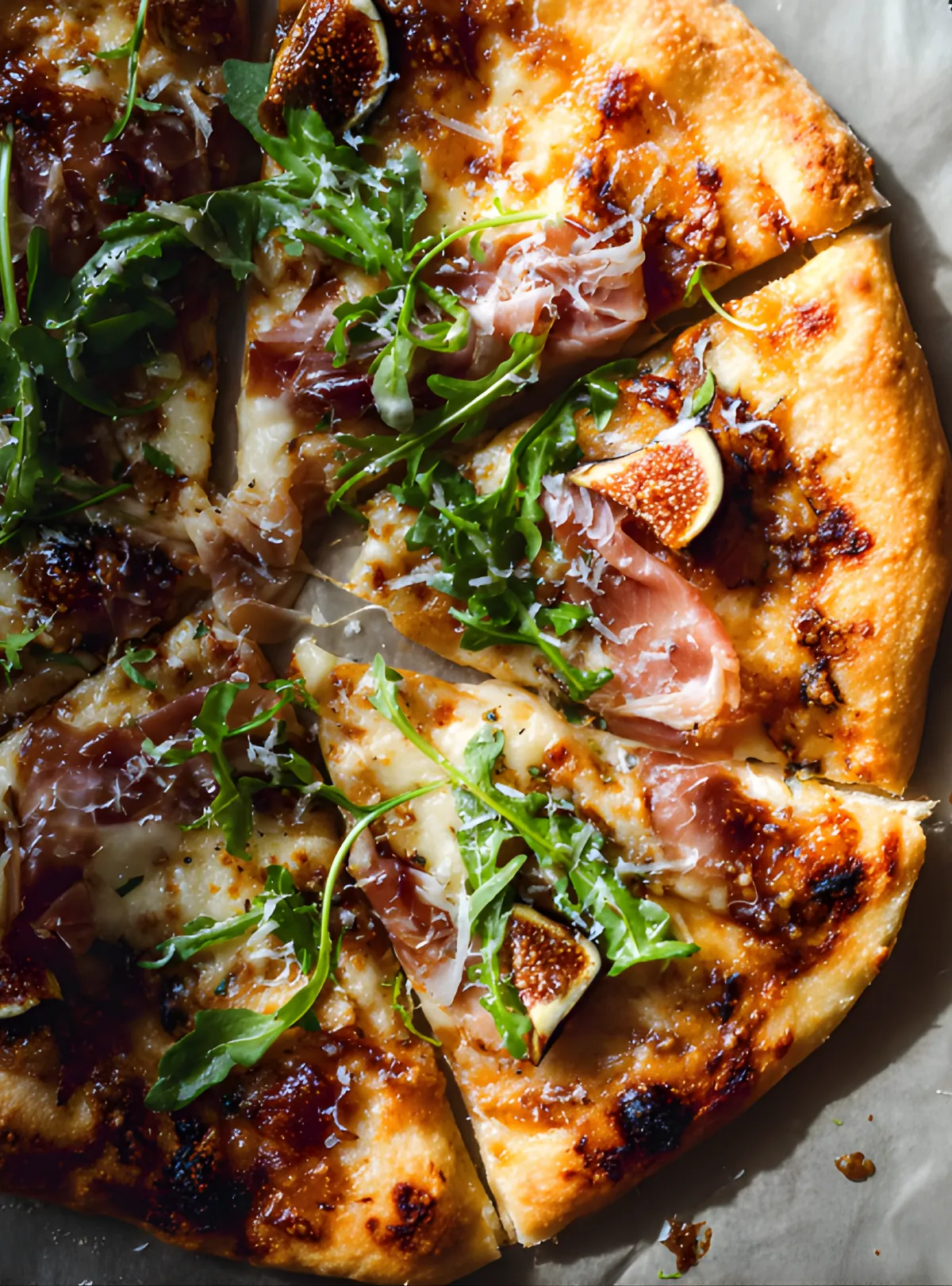 closeup fig prosciutto pizza