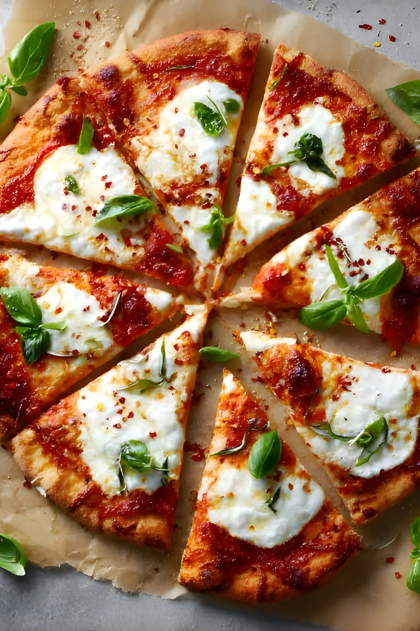 margherita pizza slices top view