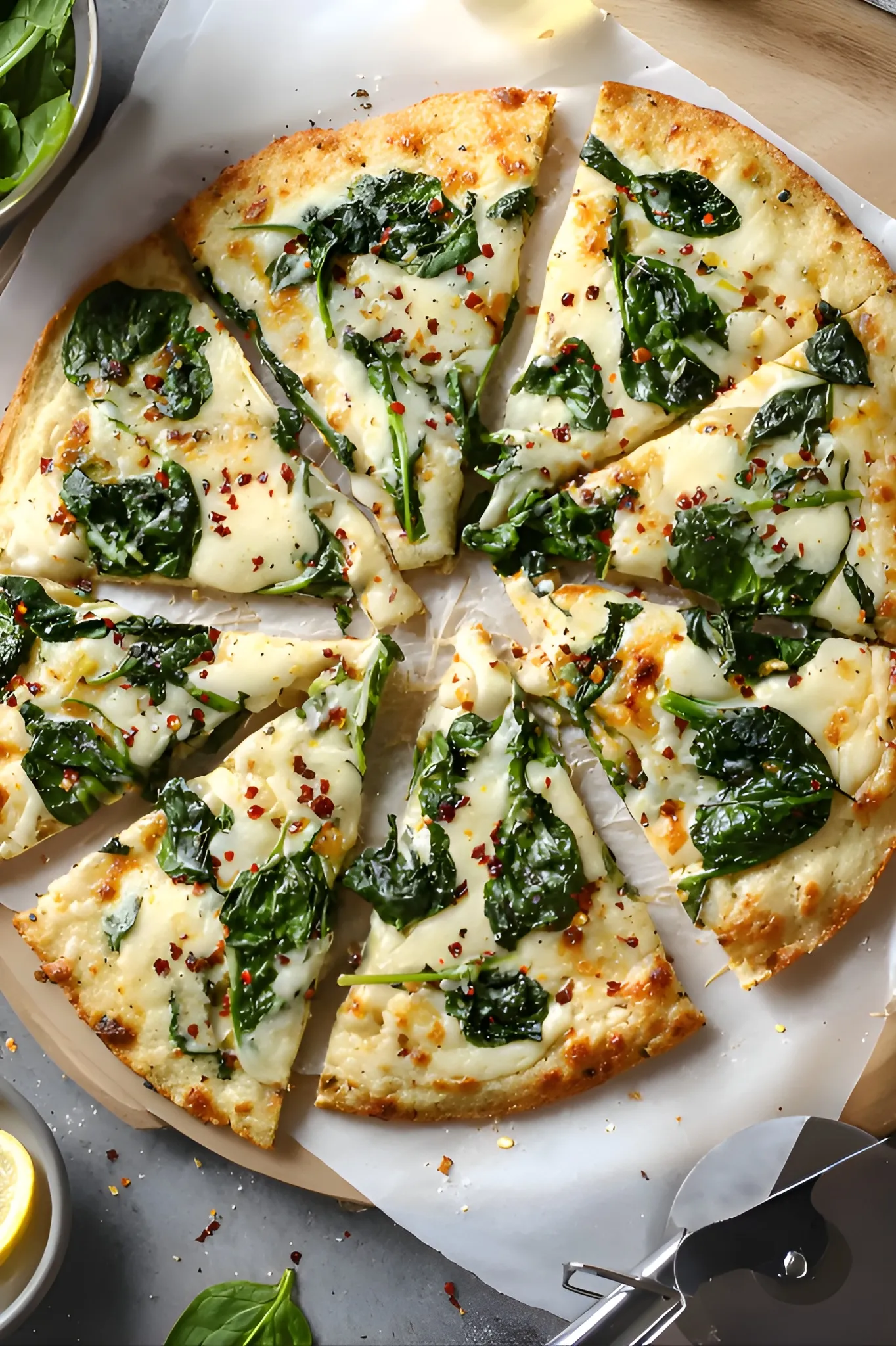 spinach white pizza slices