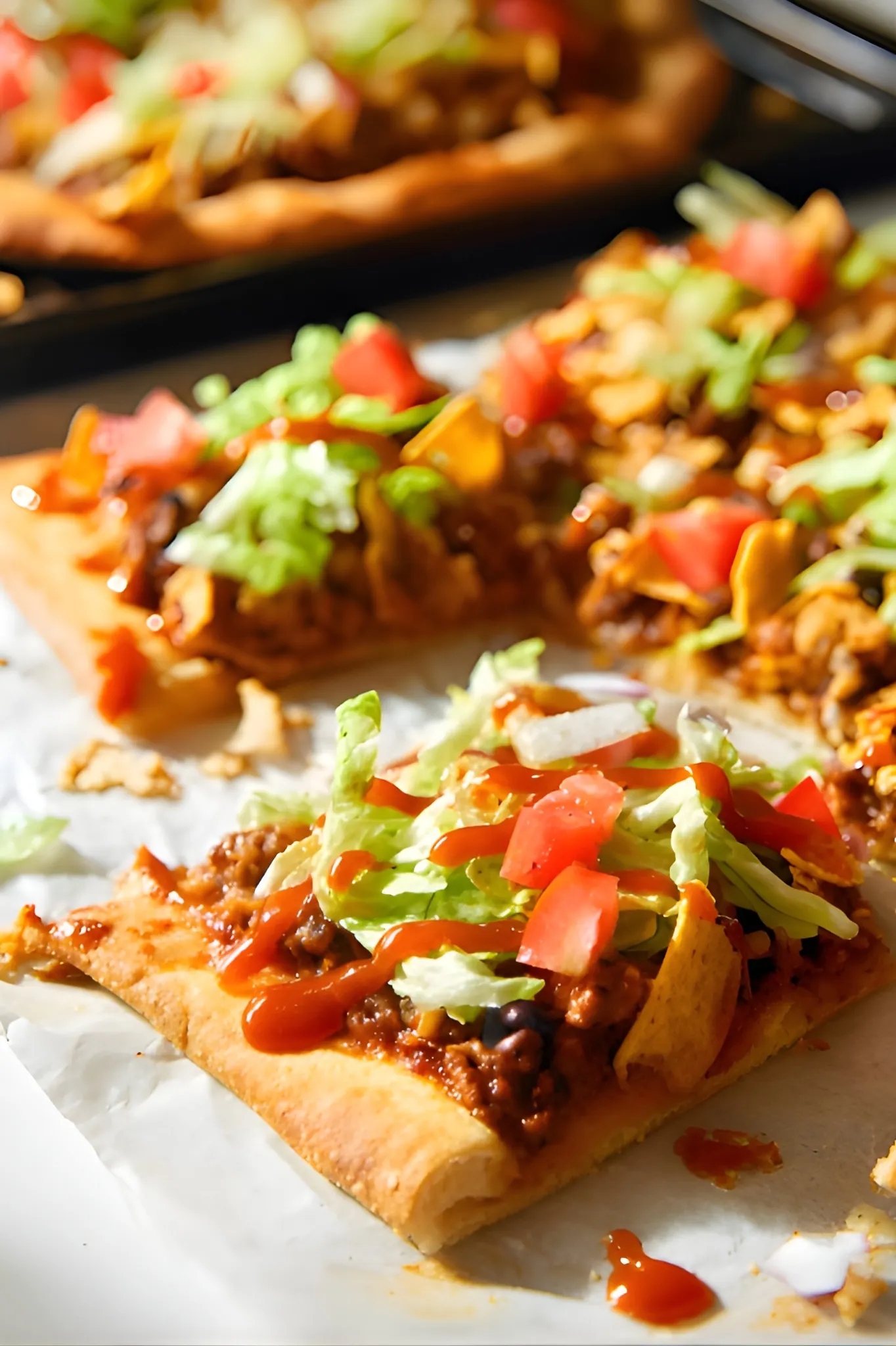 taco pizza slices closeup